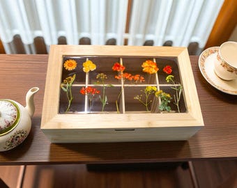 Personalized Tea Organizer Box, Real Pressed Flower Resin Lid, Tea Bag Storage. Gift for Mothers