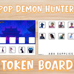 May include: A token board with the text "KPOP DEMON HUNTERS!" in orange. The board has spaces for tokens and images of characters. The text "I am working for:" is at the top. The words "TOKEN BOARD" are at the bottom.