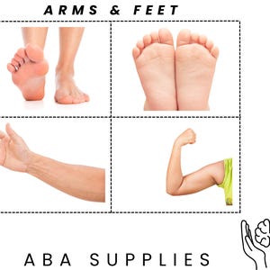 Può includere: Una pagina bianca con il testo "ARMS & FEET" e "ABA SUPPLIES". La pagina presenta quattro immagini di parti del corpo: piedi, una mano e un braccio che si flette. Un codice QR si trova nell'angolo in alto a destra.