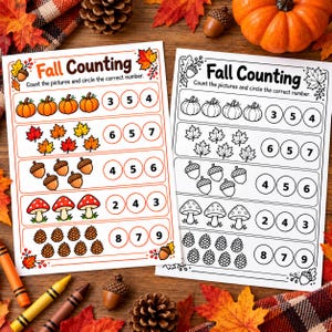 May include: Two Fall Counting worksheets with rows of pumpkins, leaves, acorns, mushrooms, and pinecones. One sheet is in full colour, the other is black and white. Each row features illustrations to count and circles with numbers to select.