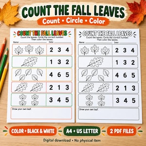 May include: Two educational worksheets titled Count the Fall Leaves with sections to count, circle, and color various leaf illustrations. Each page includes spaces for a name and date, plus a section to draw a leaf. The text includes Count, Circle, Color, and 2 PDF Files.