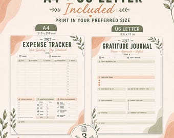 May include: A 2027 expense tracker and gratitude journal printable set. The expense tracker includes columns for date, description, category, payment method, and amount. The gratitude journal features sections for intentions, reflections, and affirmations.