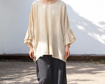 Cotton Ruffle Sleeve Top, Ultra Oversized Round Neck Blouse