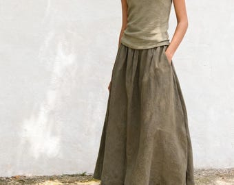 Gonna lunga leggera in cotone e lino: modello a trapezio stile boho con elastico in vita