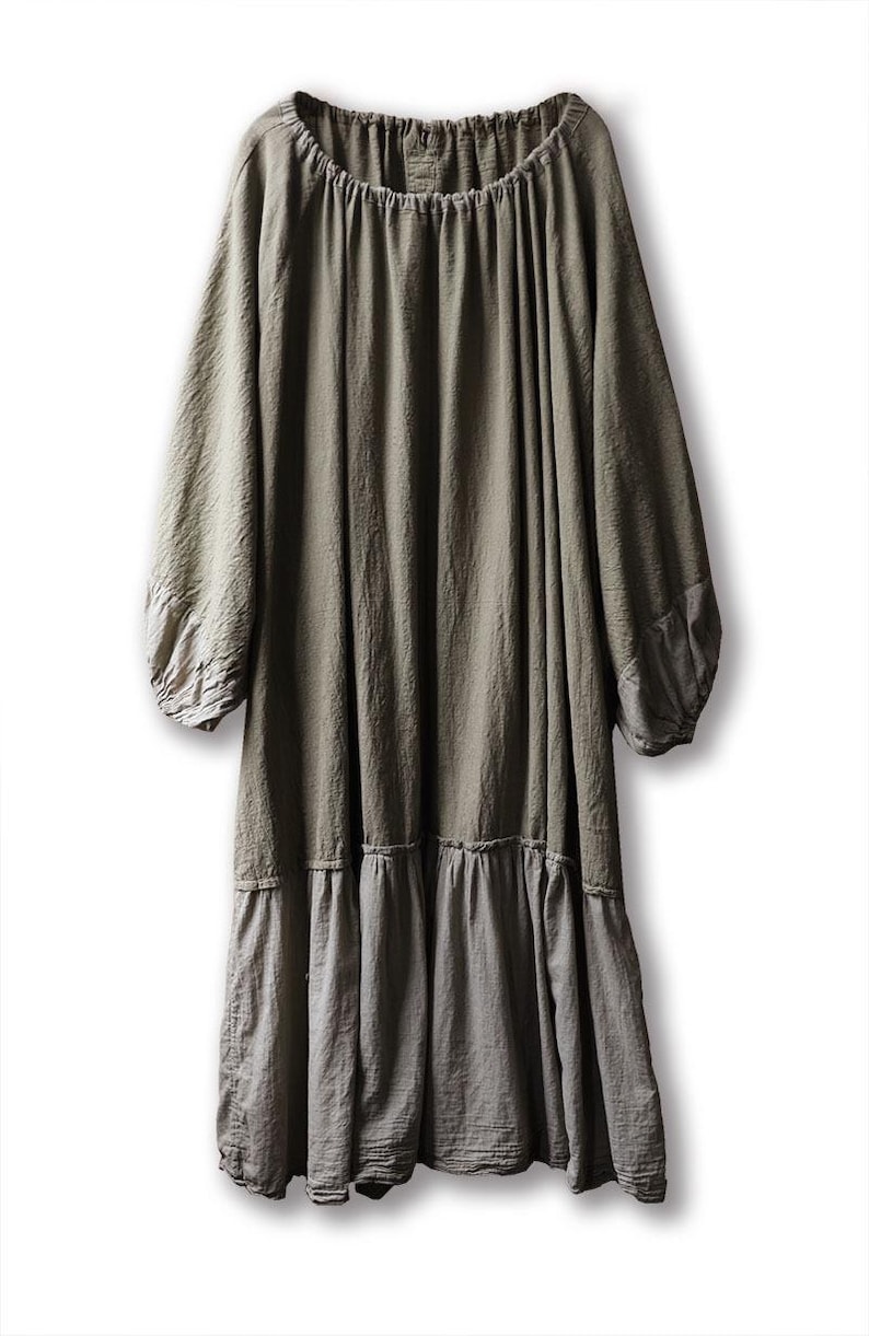 Vestido midi holgado de lino y algodón, de gran tamaño, natural, con textura suave lavada imagen 10