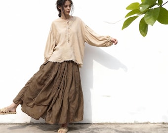 Vintage Loose Soft-Washed Cotton Layered Skirt, Elastic Waist, Side Slit