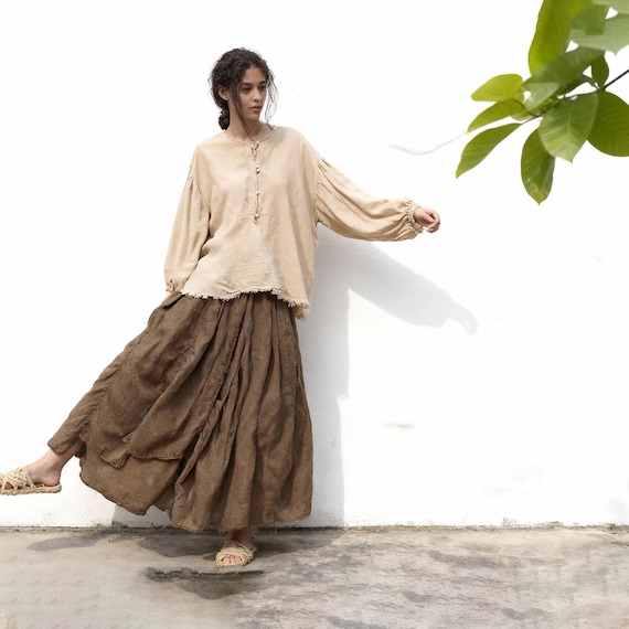 Vintage Loose Soft-Washed Cotton Layered Skirt, Elastic Waist, Side Slit