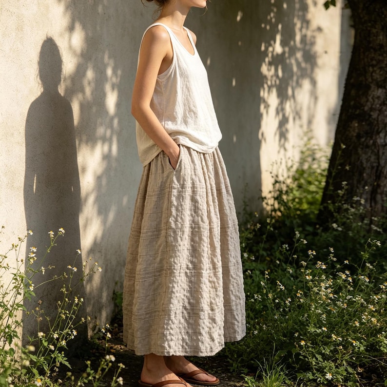 May include: A woman wearing a cream-colored tank top and a beige, textured midi skirt with pockets. The outfit is paired with brown sandals. The clothing appears to be made of linen or a similar natural fabric, suitable for warm weather.