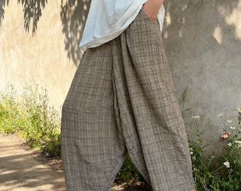 Pantalon à carreaux en coton et lin style wabi-sabi, pantalon large style cottagecore, pantalon bohème ample à taille élastique, pantalon décontracté oversize