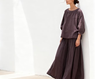 Blusa oversize in lino e cotone, top morbido arricciato, abbigliamento artigianale