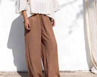 Pantalones anchos de algodón ramio ligero, pantalones palazzo casuales de corte holgado, pantalones anchos con cintura elástica.