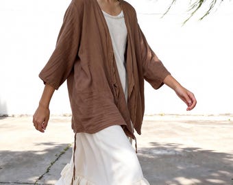 Double Gauze Wrap Cardigan, Loose Fit Side-Tie Kimono Jacket, Minimalist Boho Top with Back Slit, Breathable Summer Cover-up