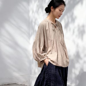 Linen Cotton  Gathered Tie-Neck Blouse，Loose Fit Top with Side Split