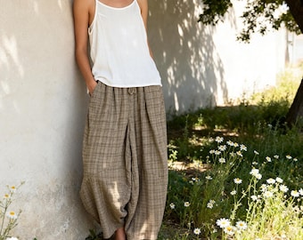 Women Cotton Linen Wide Leg Pants, Loose Plaid Cottagecore Trousers, Comfortable Elastic Waist Boho Pants,International Shipping