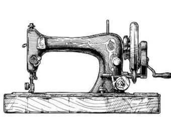 Könnte beinhalten: Eine schwarz-weiße Tuschezeichnung einer alten Nähmaschine. Die Maschine verfügt über einen detaillierten mechanischen Arm, eine Handkurbel auf der rechten Seite, eine Nadelstange und einen Nähfuß, montiert auf einem rechteckigen Holzsockel.