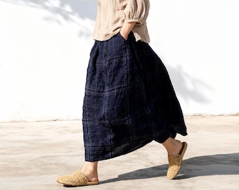 Vintage Navy Plaid Linen Maxi Skirt, Loose Cotton Check Long Skirt with Pockets