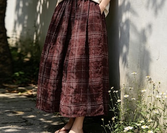 Granatowa, lniana spódnica maxi w kratę z kieszeniami, luźny krój Wabi-sabi Boho Cottagecore, wysyłka międzynarodowa