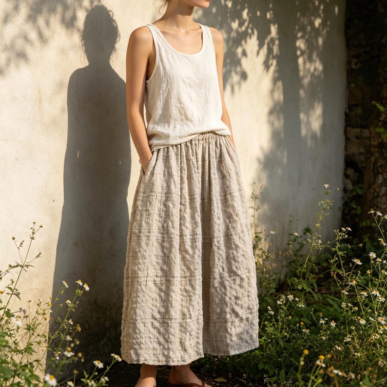 May include: A woman wearing a cream-colored linen tank top and a beige linen skirt with pockets. The skirt has a subtle plaid pattern. The outfit is casual and comfortable, perfect for warm weather. The background features a textured wall and natural light.