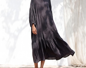 Vestido largo holgado de algodón ramio de corte amplio – Vestido bohemio fluido de manga larga