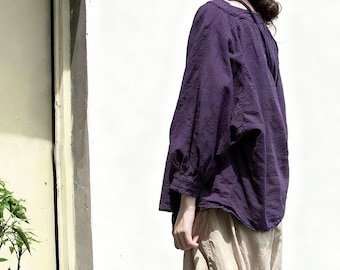 Oversized Linen Cotton Blouse, Soft Washed Gathered Top, Artisan Clothing