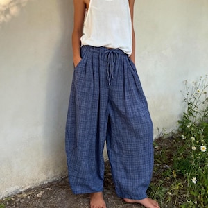 Katoen-linnen broek met wijde pijpen, broek met elastische taille in cottagecore-stijl, wabi-sabi boho losse geruite broek voor dames, ook geschikt voor grote maten.