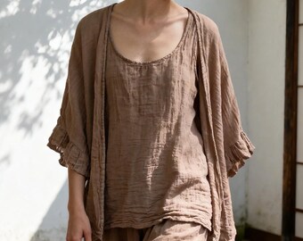 Ramie Cotton Cardigan, Ruffle Sleeve Open Front Duster, Loose Fit Summer Duster Jacket