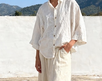 Cárdigan de lino 100% lavado con solapa, chaqueta extragrande, botones de madera, blusa de manga tres cuartos.