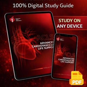 Puede incluir: Una guía de estudio digital de ACLS (Soporte Vital Cardiovascular Avanzado) se muestra en una tableta y un teléfono inteligente. El diseño rojo y blanco presenta el logotipo de la American Heart Association y el texto "PDF Digital Download". La guía está disponible para acceso instantáneo.