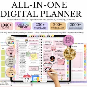 以下が含まれることがあります： レインボーテーマのデジタルプランナー。1040ページ以上、230以上のテンプレート、200以上の表紙が含まれています。デジタルステッカーも含まれており、Goodnotes、Notability、Noteshelf向けに設計されています。画像は、プランナーにスタイラスを使用している手を示しています。