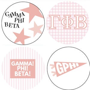 May include: Four circular stickers featuring Gamma Phi Beta designs. One has pink stars and black text, one has pink gingham with Greek letters, one has pink stripes with white text, and one has a pink pennant with white GPHI text on a white background.