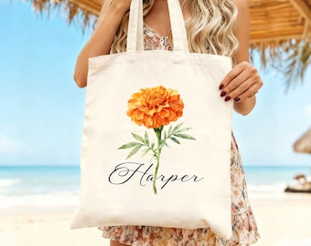 Personalized Birth Month Flower Tote Bag, Custom Floral Beach Bag, Botanical Birthday Tote for Her, Custom Name Tote Bag, Personalized Gift