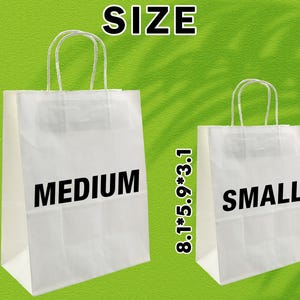 Pu&ograve; includere: Due sacchetti di carta bianchi con le etichette "MEDIUM" e "SMALL" su sfondo verde. Il sacchetto "MEDIUM" misura 27,2 cm x 21,1 cm x 10,7 cm, mentre il sacchetto "SMALL" &egrave; 20,6 cm x 15 cm x 7,9 cm. Entrambi hanno manici di carta ritorti.