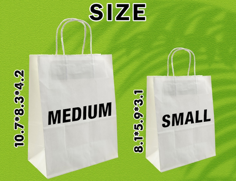 Pu&ograve; includere: Due sacchetti di carta bianchi con le etichette "MEDIUM" e "SMALL" su sfondo verde. Il sacchetto "MEDIUM" misura 27,2 cm x 21,1 cm x 10,7 cm, mentre il sacchetto "SMALL" &egrave; 20,6 cm x 15 cm x 7,9 cm. Entrambi hanno manici di carta ritorti.