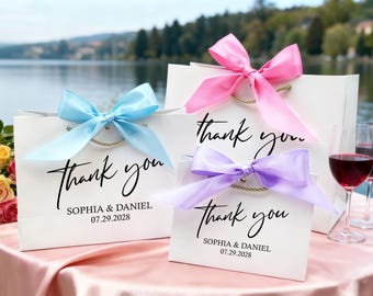 Benutzerdefinierte Dankeschön-Geschenktaschen / Hochzeitsgeschenktaschen / kundenspezifische Hochzeitsbevorzugungs-Tasche / personalisierte Geschenktasche / elegante Band-Bindungs-Seilgeschenktasche / weiße Geschenktaschen