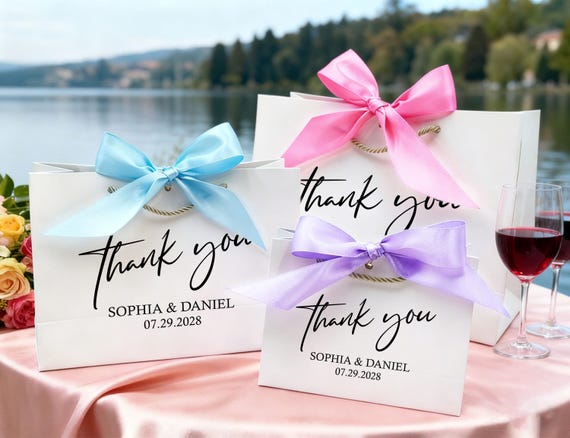 Custom Thank You Gift Bags/Wedding Gift Bags/Custom Wedding Favor Bag/Personalised Gift Bag/Elegant Ribbon Tie Rope Gift Bag/White Gift Bags