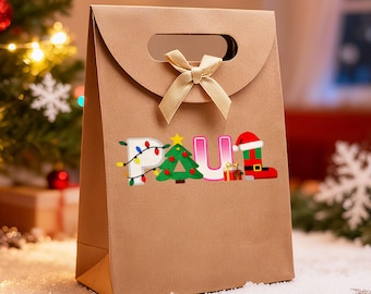 Personalized Name Gift Bags, Christmas Bow Tie Gift Bag, Custom Kraft Gift Bags, Christmas Gift Bags, Reusable Paper Gift Bag, Christmas Eve