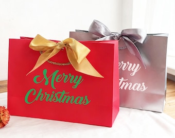 Personalized Red Christmas Gift Bag/Custom Name Christmas Gift Bags/Elegant Gift Bags with Ribbon/Holiday Party Gift Bag/Thank You Gift Bags