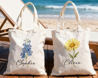 Birth Flower Tote Bag, Personalized Canvas Tote Bag for Her, Custom Birth Month Flower Bag, Bachelorette Bridesmaid Gifts, Birthday Name Bag