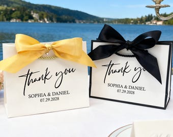 Sacchetti regalo personalizzati per matrimoni, sacchetti di carta bianchi di ringraziamento, sacchetti regalo con papillon, sacchetti di benvenuto per matrimoni, bomboniere personalizzate per gli ospiti
