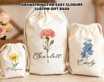 Borse con coulisse personalizzate con fiori del mese di nascita/Borse con coulisse in cotone biologico/Sacchetto per gioielli personalizzato/Sacchetto con nome personalizzato/Regali di compleanno