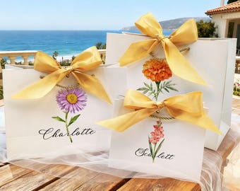 Custom Birth Flower Gift Bags with Ribbon/Wedding Gift/Bridesmaid Gift Bags/Bridal Party Gift Bag/Thank You Gift Bags/Personalized Name Bags