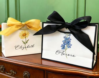 Personalized Birth Flower Gift Bags/Custom Name Gift Bags/Ribbon Tie Rope Gift Bag/Thank You Gift Bags/Birthday Gift Bag/Bridesmaid Gift Bag