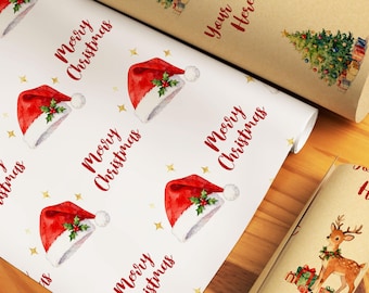 Personalized Christmas Wrapping Paper/Christmas Gift Wrap With Text/Holiday Gift Wrap/Christmas Tree Santa Hat Wrapping Paper/Gift for Kids