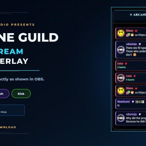 Puede incluir: Una superposición de chat multistream digital titulada Arcane Guild con un tema oscuro. La interfaz muestra mensajes de usuario, iconos de perfil y botones para YouTube, Twitch y Kick. El texto incluye GENTLEPIXELSTUDIO PRESENTS, ARCANE GUILD y OBS READY.