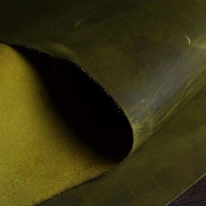 May include: Close-up of a sheet of olive green leather with a distressed finish. The leather is folded over, revealing a dark interior and textured surface. The color varies from light to dark green.