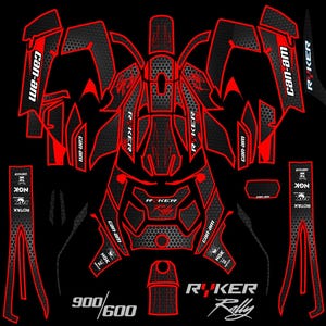 Könnte beinhalten: Schwarz-rotes Grafik-Kit für einen Can-Am Ryker Rally. Das Design zeigt die Logos von Can-Am und Ryker, sowie Wabenmuster und die Zahlen 900/600. Enthält NGK- und Rotax-Marken.