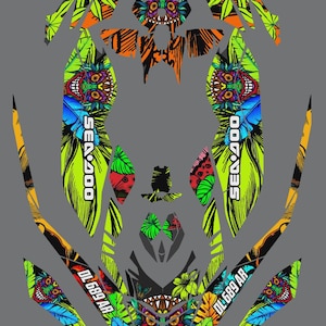 May include: A set of adhesive vinyl decals for a Sea-Doo personal watercraft, featuring a vibrant graphic pattern of neon green leaves, blue feathers, and stylised monster faces. The decals include the text Sea-Doo and the registration code DL 689 AR.