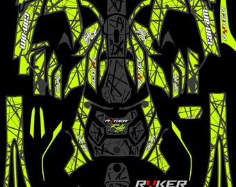 May include: A neon green and black graphic design for a Can-Am Ryker Rally vehicle. The design features the Can-Am logo, Ryker Rally text, and the numbers 900/600. The design is composed of geometric shapes and lines.