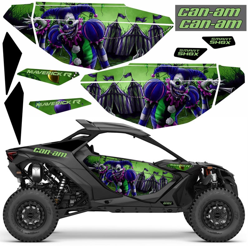 May include: A black Can-Am Maverick R side-by-side vehicle with a green and purple clown-themed graphic wrap. The wrap features a menacing clown, circus tents, and the text "MAVERICK R". The vehicle has large tires and the "Can-Am" logo.