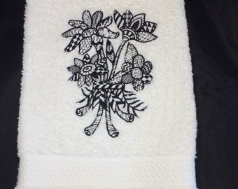 Black and White Embroidered Flower Boutique Bathroom Towel, Black and white bathroom, black white decor